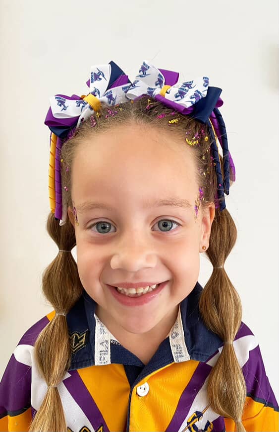 Footy Bow Korker Clip - Purple, Navy, White & Yellow Gold