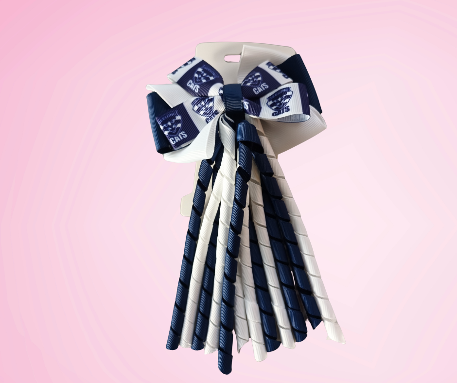 Footy Bow Korker Clip - White & Navy